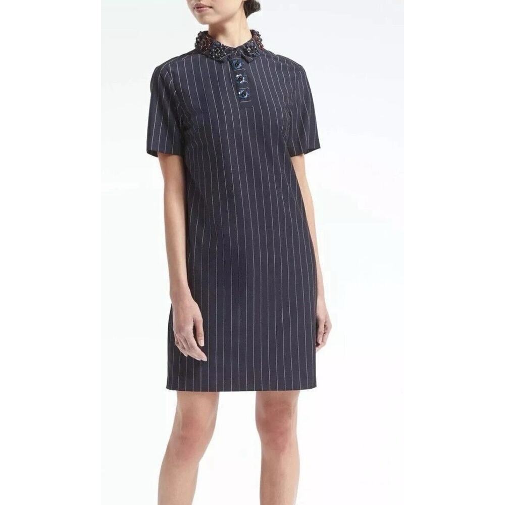 Banana‎ Republic Navy Pinstripe Embellished Collar Shift Dress Size Small Tall